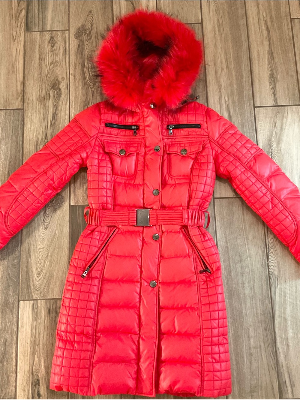 Women's Red Quilted Belted Long Puffer Coat with Faux Fur Hood